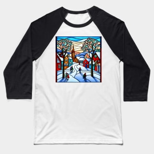 Stained Glass Christmas Village Baseball T-Shirt